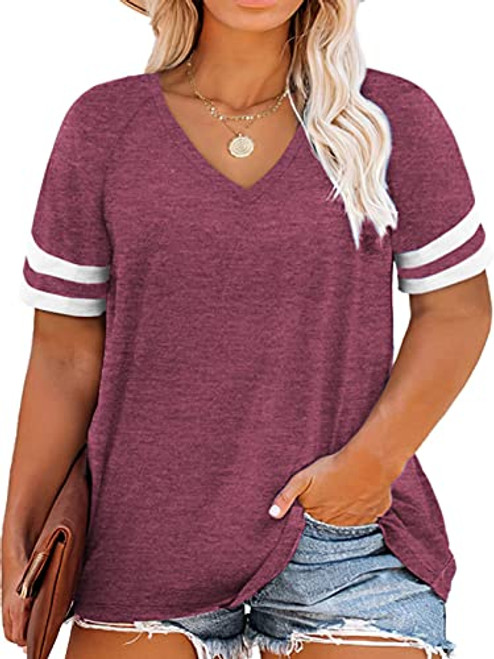 DOLNINE Plus Size Tunic Tops for Women Summer Short Sleeve T Shirts Wine Red 18W