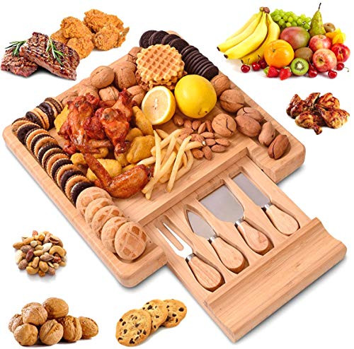 Bamboo Cheese Board Tray with Knife Set-Serving Tray -Charcuterie Platter with a Out Drawer-Wine and Cheese Board Best Gift for Birthday- Wedding-Parties and Housewarming Bamboo Cheese Board Tray with Knife Set-Serving Tray -Charcuterie Platter with a Out Drawer-Wine and Cheese Board Best Gift for Birthday- Wedding-Parties and Housewarming