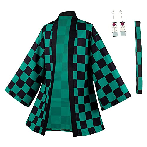 Duwseal Kamado Tanjirou Robe Cloak Demon Slayer Cosplay Costume Kimono Cardigan Jacket Earrings Set