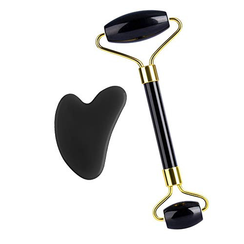 Jade Roller and Gua Sha Board Set- Beauty Facial Skin Roller Massager Tool- Natural Jade Stone for Face- Eye- Neck