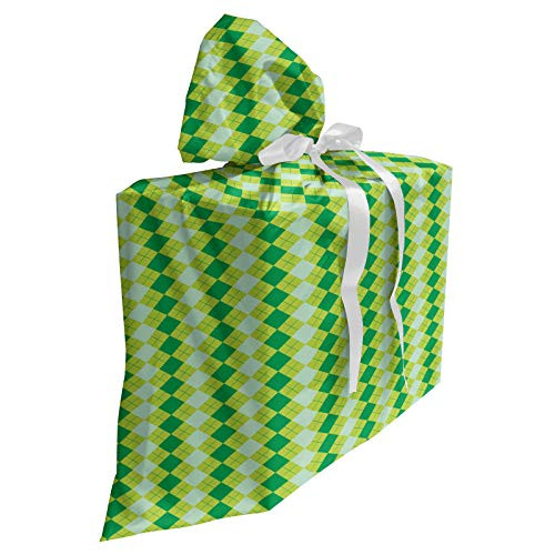 Ambesonne Abstract Green Fabric Gift Bag- Monochrome Geometric Pattern with Diagonal Square Check- Present Sack for Baby Showers Birthdays with 3 Ribbons- 27" X 32"- Green Almond Green