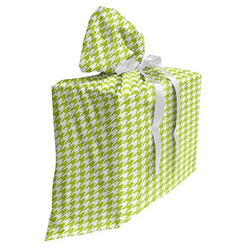 Ambesonne Houndstooth Fabric Gift Bag- Abstract Textile Pattern Scottish Four-Pointed Checks Motif- Present Sack for Baby Showers Birthdays with 3 Ribbons- 27" X 32"- Lime Green White