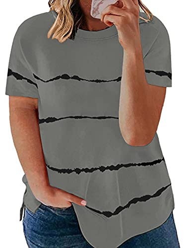 ROSRISS Womens Plus Size Summer Tops 2X Short Sleeve Tees Striped Shirts Gray 18W