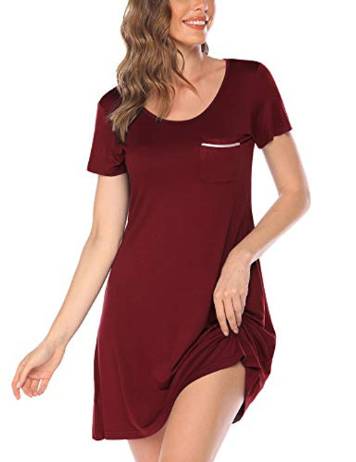 ELOVER Nightgowns for Womens Sexy Sleep Shirt Dress Round Neck Short Sleeve Soft Short Night Shirts -Wine Red- S- ELOVER Nightgowns for Womens Sexy Sleep Shirt Dress Round Neck Short Sleeve Soft Short Night Shirts -Wine Red- S-