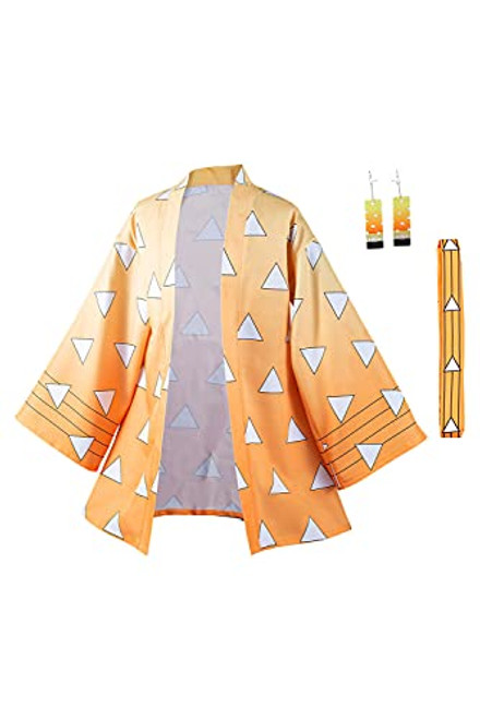 Duwseal Agatsuma Zenitsu Robe Cloak Demon Slayer Cosplay Costume Kimono Cardigan Jacket Earrings Set