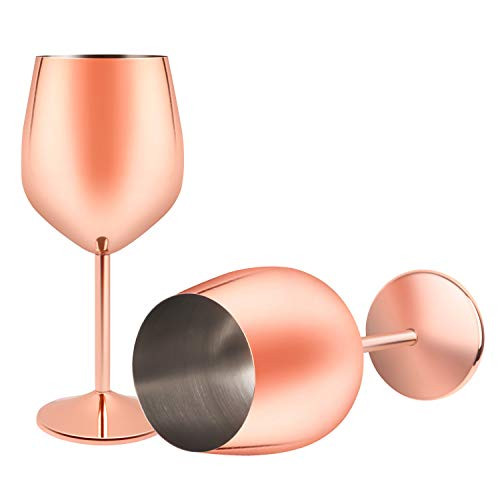 Stainless Steel Unbreakable Stemmed Wine Glasses- Steel Wine Goblets rose gold Set of 2- 17 oz Wine Goblets Red White Wine Copper- Unbreakable Goblets for Outdoor Pool Party -Rose gold-