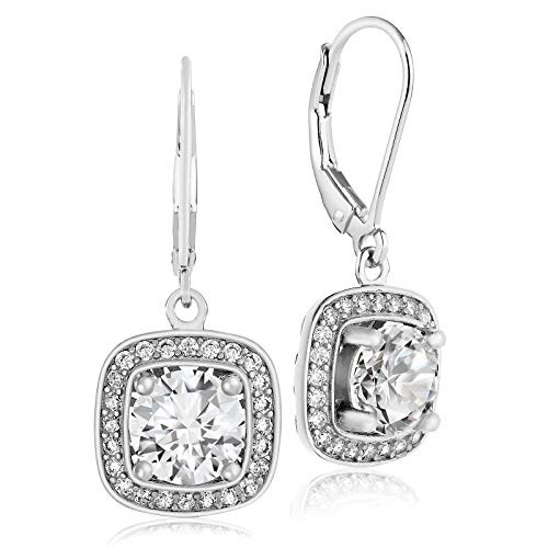 Lusoro 925 Sterling Silver Square AAA Cubic Zirconia Round Cut Halo Leverback Dangle Earrings Lusoro 925 Sterling Silver Square AAA Cubic Zirconia Round Cut Halo Leverback Dangle Earrings