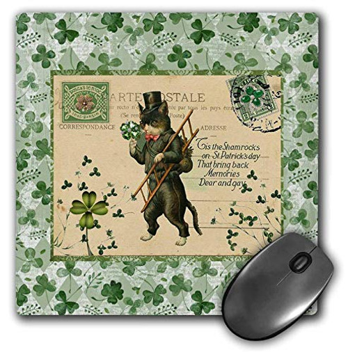 3dRose Image of Cat in Top Hat with Ladder- Shamrock- Postcard Style. - Mouse Pads -mp-336164-1- 3dRose Image of Cat in Top Hat with Ladder- Shamrock- Postcard Style. - Mouse Pads -mp-336164-1-