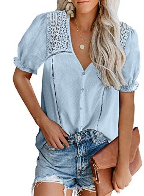 Aleumdr Summer Women's Juniors Cute Lace Crochet V Neck Short Sleeve Button Down Shirts Casual Loose Blouses Tops Sky Blue XX-Large 18 20