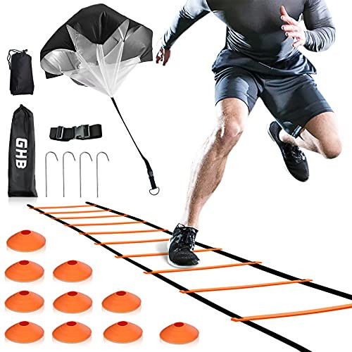 GHB Speed Ladder Training Ladder Agility Ladder with 10 Cones 12 Rung 20ft with Resistance Parachute