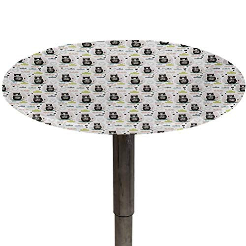 Outdoor Tablecloth Round Nursery Elastic Table Covers Sleeping Bear Silhouette with Scarf Hearts and Rain Clouds Background Forest Animal for Spring/Summer/Party/Picnic Multicolor Diameter 40"