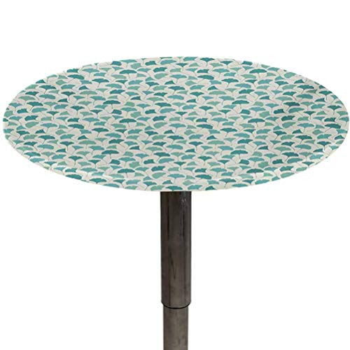 Outdoor Tablecloth Round Forest Elastic Edged Table Cover Native Chinese Woodland Leaves from Ginkgo Trees Pastel Silhouettes for Spring/Summer/Party/Picnic Teal Turquoise and Cream Diameter 40"