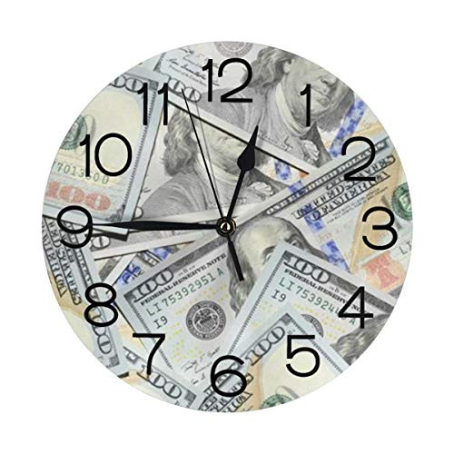 Aieefun Round Wall Clock Silent Non-Ticking Decorative Art- Hundreds of 100 Dollar Bills Clocks Battery Operated Desk Clock for Home Living Room Kitchen Office Etc