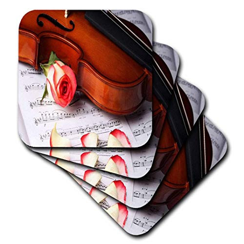 3dRose CST_194904_3 Print of Violin & Rose on Sheet Music Ceramic Tile Coasters, (Set of 4)