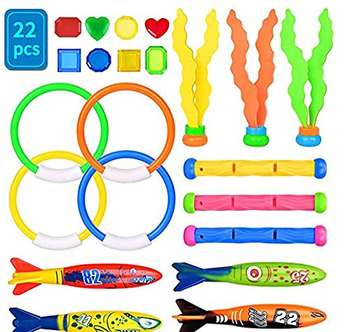 Hpweuoz Swimming Pool Diving Toys for Kids - Summer Fun Pool Sinking Toys Set-Underwater Variety Diving Training Gifts with Pool Torpedo-Diving Gems-Sharks-Swim Rings for Kids Pool Games 22 Pieces