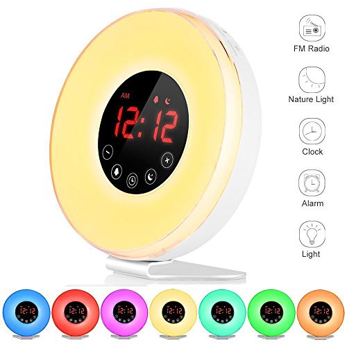Wake Up Light Sunrise Alarm Clock - Digital LED Clock with 6 Color Switch and FM Radio for Bedrooms - Multiple Nature Sounds Sunset Simulation & Touch Control - With Snooze Function for Heavy Sleepers