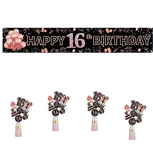 16th Birthday Banner Decorations Kit for Girls - Rose Gold 16th Birthday Banner with 32Pcs 16th Birthday Table Centerpiece Sticks Supplies - Sixteen Birthday Party Decor Supplies Photo Booth Backdrop