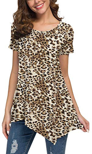 VIISHOW Women's Casual Short Sleeve Floral Printed Round Neck Loose Tunic T Shirt Blouse Tops-Leopard light yellow-Large-
