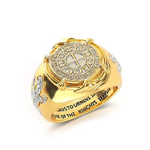 Knight Templar Ring for Men- Catholic Crusader Ring Gold Plated Medieval Cross Ring for Boys -10-