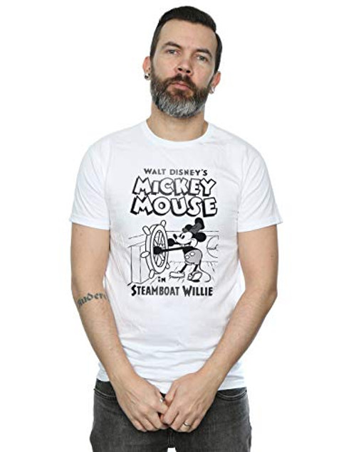 Disney Men's Mickey Mouse Steamboat Willie T-Shirt White Small