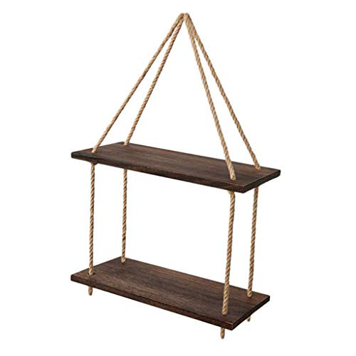 LoveinDIY 2 Tier Hanging Rustic Rope Shelf Wall Floating Shelves Swing Shelves Wooden Suspended Shelf Jute Rope Display Shelf Book Shelves for Home Decor