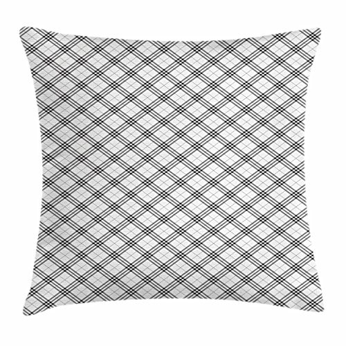 Ambesonne Plaid Throw Pillow Cushion Cover- Monochromatic Diagonal Pattern with Checks and Stripes Dashed Lines Celtic Classic- Decorative Square Accent Pillow Case- 20" X 20"- Black White
