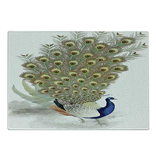 Lunarable Peacock Cutting Board- Bird Opens up His Giant Feather Inner Evolution Traditional Chinese Paint- Decorative Tempered Glass Cutting and Serving Board- Small Size- Multicolor