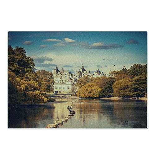 Ambesonne London Cutting Board- Picturesque ST James Park in UK Baroque Architecture Heritage Medieval Landscape- Decorative Tempered Glass Cutting and Serving Board- Small Size- Multicolor