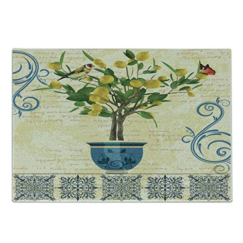 Ambesonne Vintage Cutting Board- Retro Style Lemon Tree in the Pot with Realistic Detailed Sparrow and Butterfly- Decorative Tempered Glass Cutting and Serving Board- Small Size- Multicolor