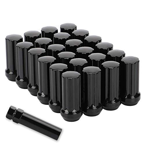 14mmx1.5 Wheel Lug Nuts- 24x Black M14x1.5 Lug Nut-Bulge Acorn Spline Seat- Closed End Long Extended XL Spline with 1 Socket Key Compatible with Chevy Fo-rd 6 Lug Aftermarket Wheels