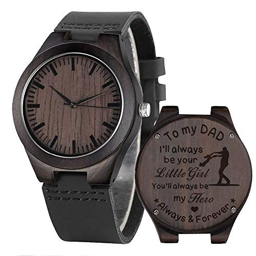 Engraved Mens Wooden Watch Personalized Leather Watches for Husband Men Son Dad Boyfriend Love Fiance Groomsmen Anniversary Birthday Custom Black -Watch to dad from Daughter-