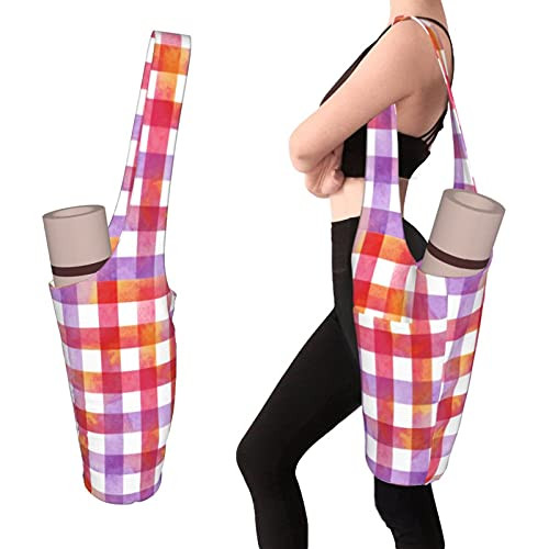 OcuteO Yoga Bags And Carriers Fits All Your Stuff Squared Watercolor Purple Red Tartan Plaid Scottish Lumberjack Plaid Check Yoga Mat Bag Holder-Yoga Equipment Bag For Women-Mat Storage Tote Bag-Gym Y