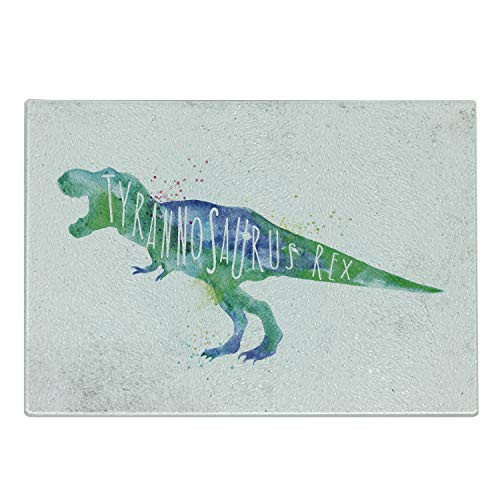 Lunarable Dinosaur Silhouette Cutting Board- Vivid Watercolor Paint of Tyrannosaurus Rex with Grunge Drops- Decorative Tempered Glass Cutting and Serving Board- Small Size- Multicolor