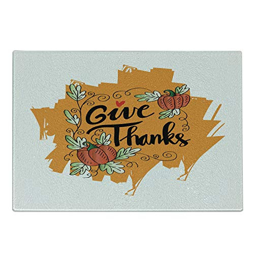 Lunarable Thanksgiving Cutting Board- Pumpkins and Give Thanks Calligraphy on Brushstroke Paint Fall Print- Decorative Tempered Glass Cutting and Serving Board- Small Size- Marigold Multicolor