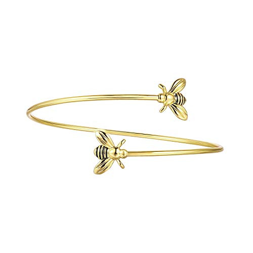 LAZLUVU 18K Gold Adjustable Double Bee Charm Anklet Bracelets for Women Teen Girls Cuff Wire Wrapped Bangle Bracelet Insect Mother's Day Jewelry Gift