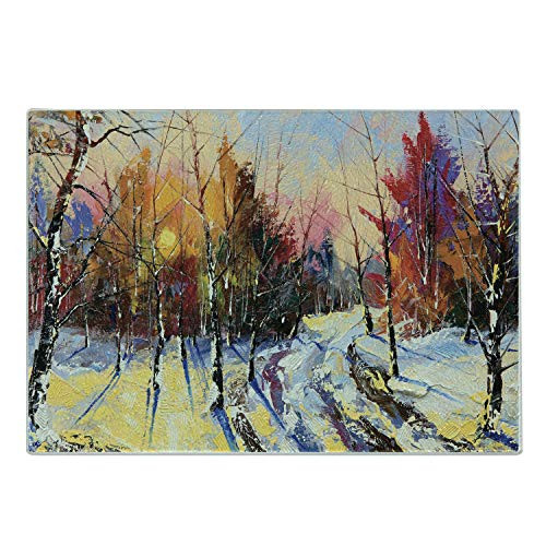 Lunarable Country Cutting Board- Pastel Color Paint of Sunset in Old Town Winter Pastoral Countryside Landscape- Decorative Tempered Glass Cutting and Serving Board- Small Size- Multicolor
