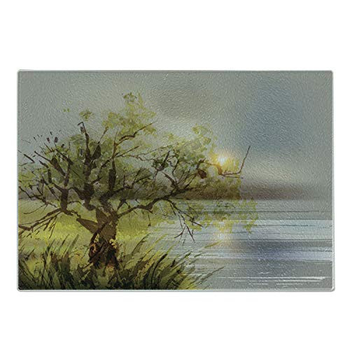 Lunarable Tree Cutting Board- Tree by the Sea at Sunset with Odd Complex Patterns Quiet Calm Cool Day Paint- Decorative Tempered Glass Cutting and Serving Board- Small Size- Green Grey Brown