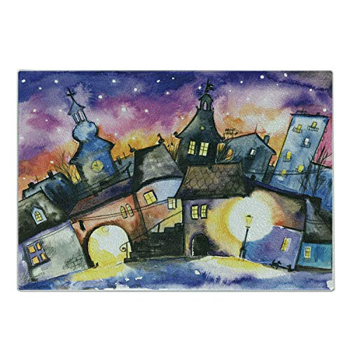 Ambesonne Abstract Cutting Board- Funky Watercolors Paint Small Town Weird Angles at Night Sky Reflections Mist Image- Decorative Tempered Glass Cutting and Serving Board- Small Size- Multicolor