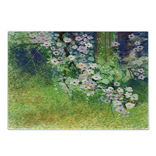 Ambesonne Flower Cutting Board- Traditional Multicolored Japanese Cherry Blossom Sakura Tree Petals Grass Land Paint- Decorative Tempered Glass Cutting and Serving Board- Small Size- Pink Green