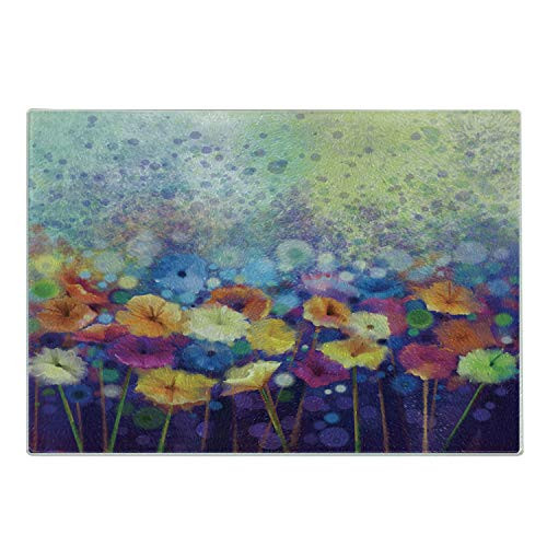 Lunarable Spring Cutting Board- Abstract Floral Petals in Misty Tones Daisy Gerbera Dandelion Blossom Meadow Paint- Decorative Tempered Glass Cutting and Serving Board- Small Size- Purple Mint