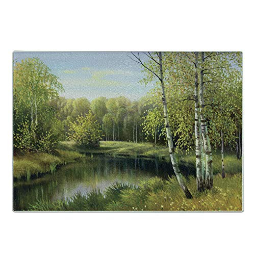 Lunarable Forest Cutting Board- Birch Tree Forest in Autumn Leafless Branches Calm River Oil Paint Effect- Decorative Tempered Glass Cutting and Serving Board- Small Size- Green and Pale Blue