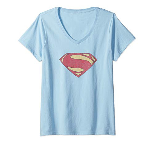 Womens Superman Man of Steel New Distessed Shield V-Neck T-Shirt
