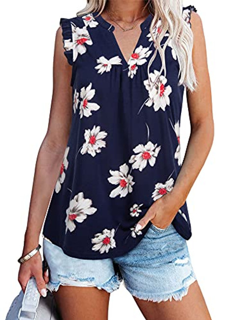 Sleevess Tops for Women?Furnex Ladies Office Tops Fashion Tanks Blouses Flowy Pleated Summer V Neck Tank Shirt Ruffle Trim Sleeveless T-Shirts Work Blouse for Women Floral Tunic Top for Leggings