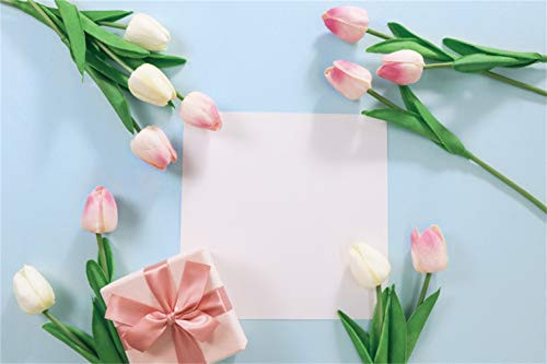 Leowefowa Happy Mother's Day Backdrop 7x5ft Vinyl Graceful Pink Tulips Gift Box White Paper Photography Background Togetherness Photo Shoot Party Banner Wallpaper Studio Props