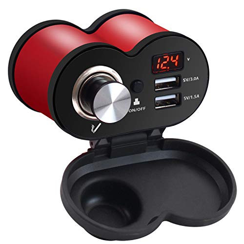Motorcycle Charger Adapter Dual USB with Cigarette Lighter Voltmeter Waterproof for Phones Tablets GPS -Red-