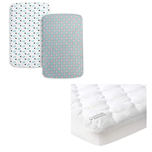 Waterproof Pack N Play Mattress Pad Protector- Cotton Fabric Comfortable and Durable- Mini Crib Sheets- 2 Pack Pack and Play Sheets- Stretchy Pack n Play Playard Fitted Sheet