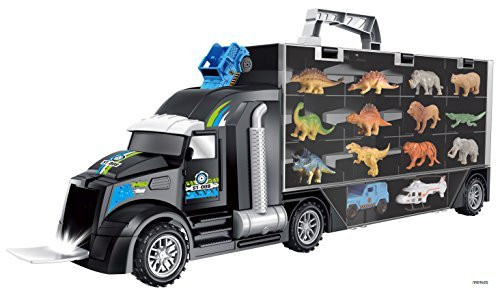 Memtes Dinosaur and Wild Life Animal Safari Car Carrier Transport Truck Toy (Includes 6 Dinosaurs 6 Animal, Jeep and Helicopter)