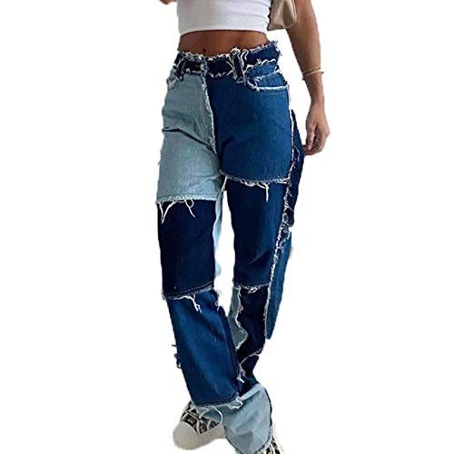 XULIANSEN Women's Patchwork Jeans A-Line Pencil Trousers High Waisted Distressed Straight Denim Jeans Color Block Patchwork Pants -A-Blue- S-