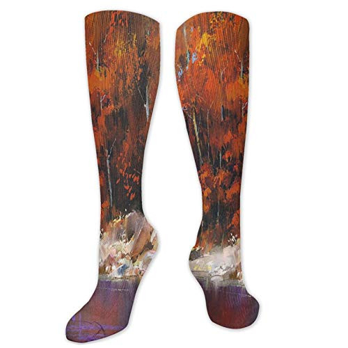 Nature Funny Compression Socks Women and Men-River With Rocks Autumn Forest Peaceful Artistic Paint Of Scenic Woods Art-Best for Circulation-Running-Athletic-Nurse-Travel-Ginger Purple -19.8 inch