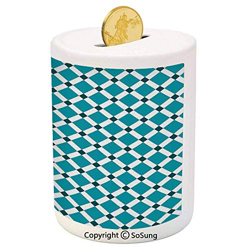 SoSung Teal Ceramic Piggy Bank-Diagonal Check Classical Pattern Intersecting Lines Rhombus Grid Geometric Design Decorative 3D Printed Ceramic Coin Bank Money Box for Kids and Adults-Blue White SoSung Teal Ceramic Piggy Bank-Diagonal Check Classical Pattern Intersecting Lines Rhombus Grid Geometric Design Decorative 3D Printed Ceramic Coin Bank Money Box for Kids and Adults-Blue White